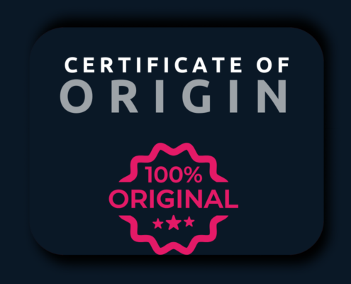 Certificate of origin title is white, with a 100% original badge in pink on a dark blue background.
